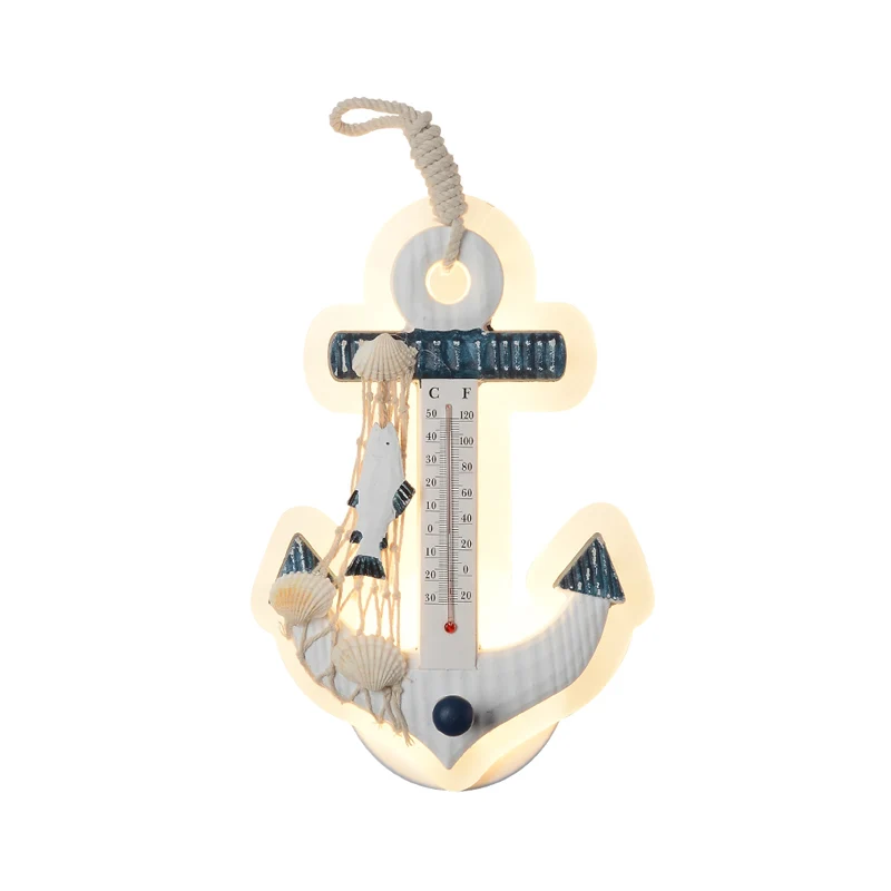 Applique en forme d'ancre luminaire bois méditerranéen LED lampe murale bleu-blanc Clearhalo