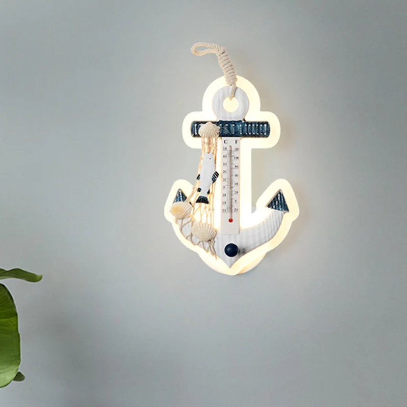 Applique en forme d'ancre luminaire bois méditerranéen LED lampe murale bleu-blanc Clearhalo