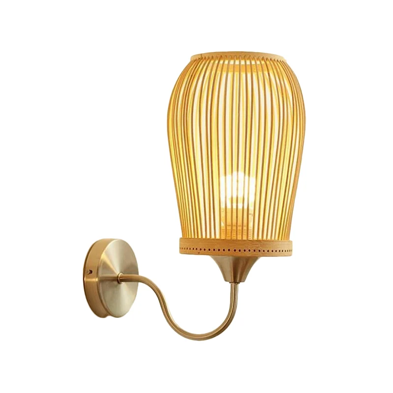 Applique murale en bambou tissée à la main Lampe murale moderne à 1 lumière beige avec bras à col de cygne en métal Clearhalo