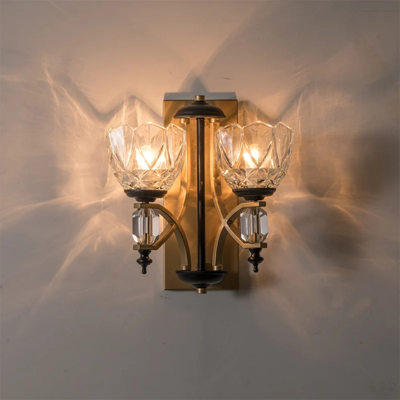 Applique murale bol en cristal clair, applique murale vintage à 2 lumières, finition dorée Clearhalo