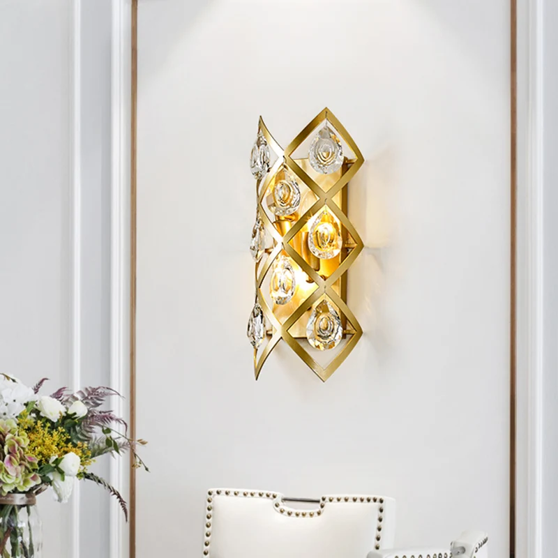 Applique murale de chevet croisée en cristal du milieu du siècle, 2 têtes, lampe murale dorée Clearhalo