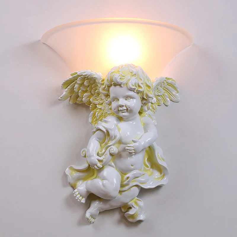 Applique murale coloniale en forme d'ange, blanc/or, 1 tête, éclairage monté en résine avec abat-jour en verre opale cloch...