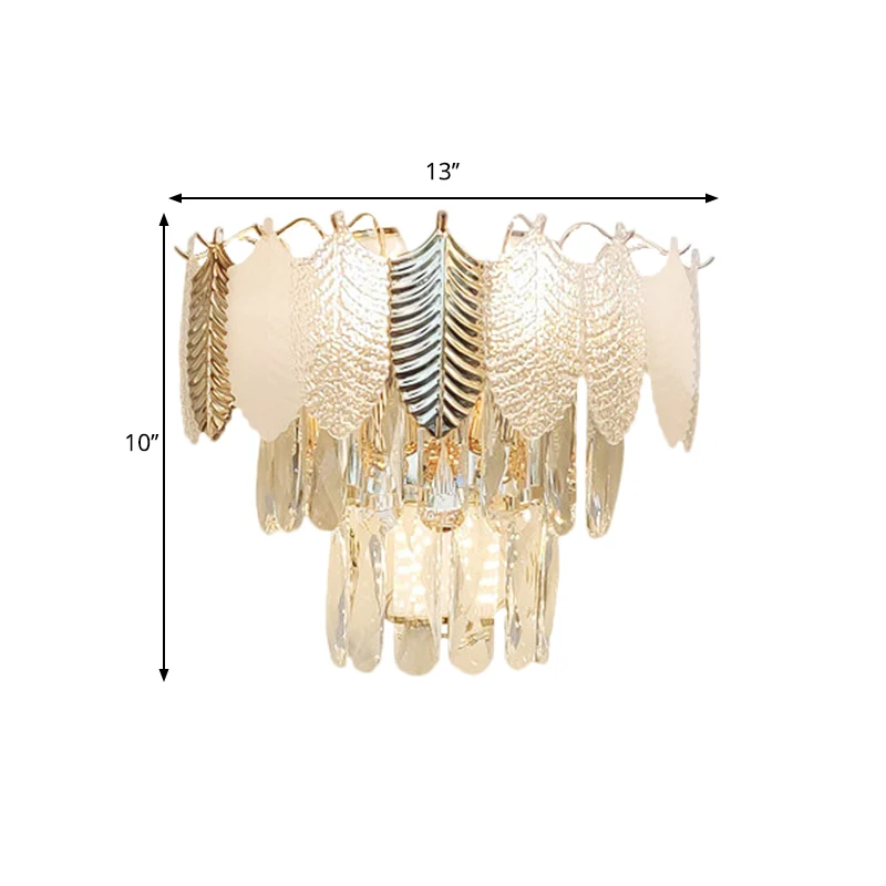 Applique murale conique à 3 têtes, lampe murale moderne en cristal clair avec feuilles dorées et acryliques Clearhalo