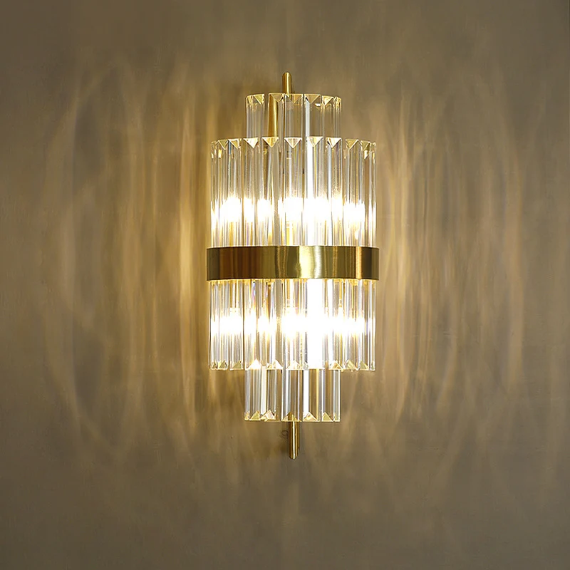 Applique murale cylindrique en bloc de cristal postmoderne, 2 lumières, applique de couloir, dorée Clearhalo