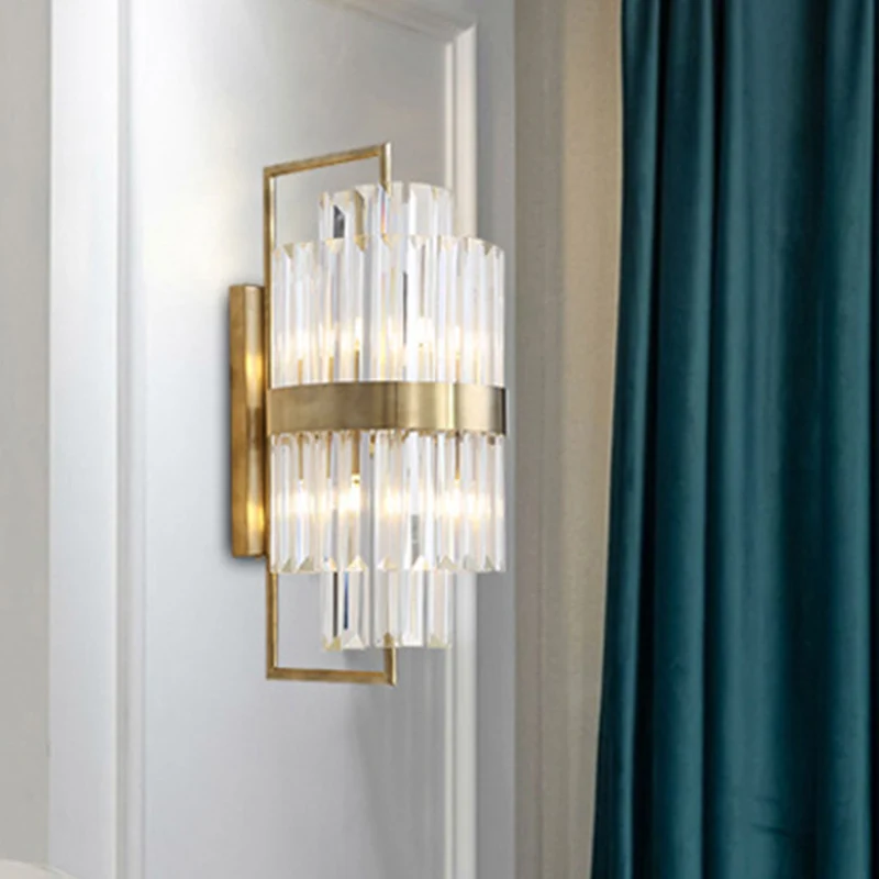 Applique murale cylindrique en bloc de cristal postmoderne, 2 lumières, applique de couloir, dorée Clearhalo