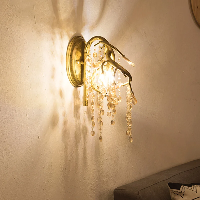 Applique murale décorative en forme de branche, 2 lumières, cristal translucide, LED, en laiton Clearhalo