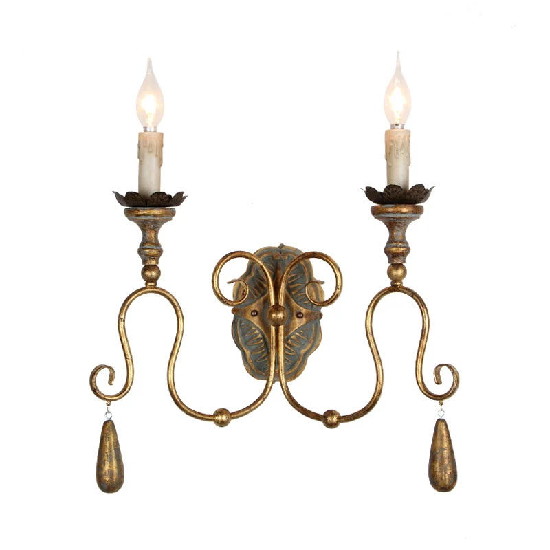 Applique murale dorée à 2 lumières, ampoule exposée en métal de campagne, lampe pour chambre à coucher Clearhalo