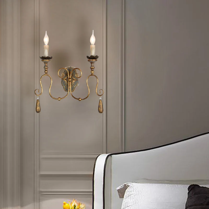 Applique murale dorée à 2 lumières, ampoule exposée en métal de campagne, lampe pour chambre à coucher Clearhalo