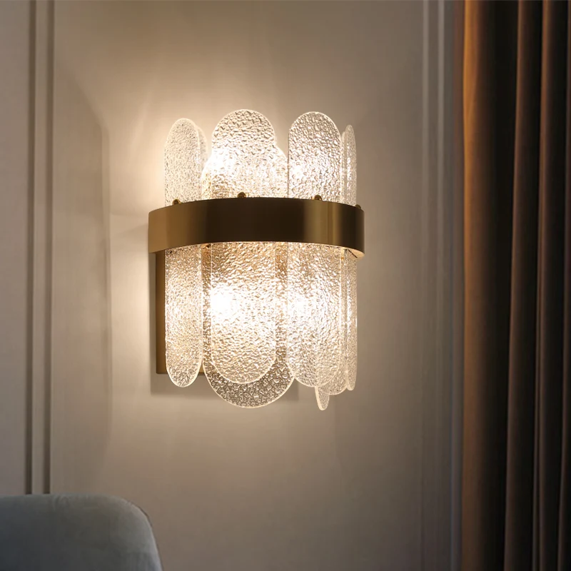 Applique murale dorée à 4 têtes pour chambre à coucher, éclairage mural de Style moderne avec verre martelé transparent de...