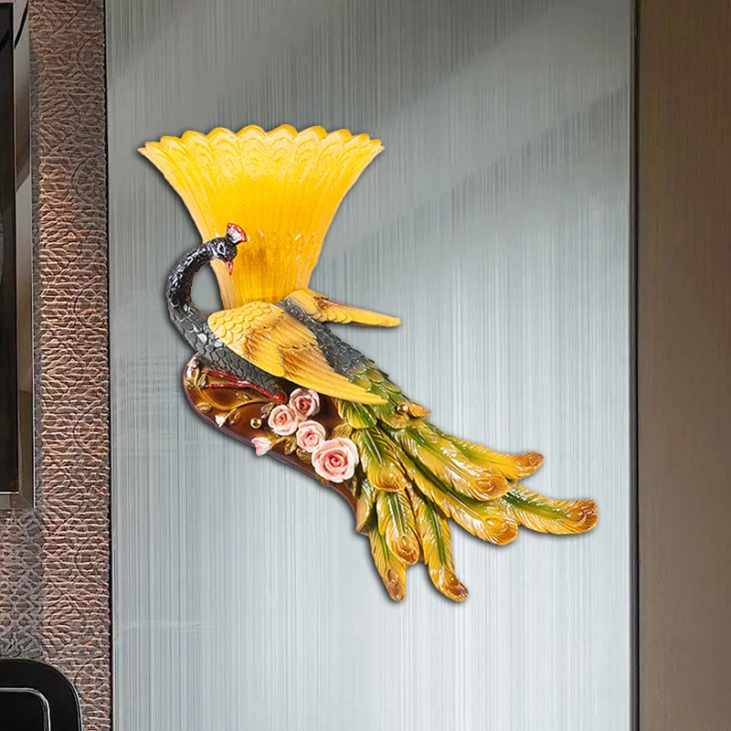 Applique murale festonnée à 1 lumière, Style moderne, en verre jaune, Design paon, pour chambre à coucher, gauche/droite C...