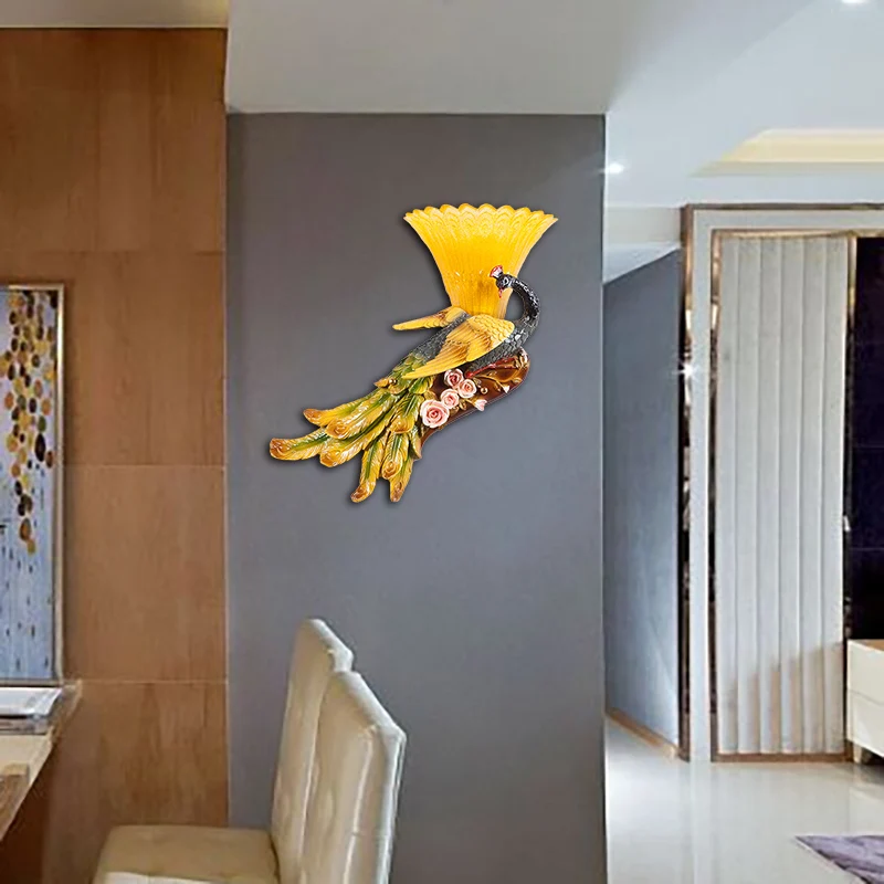 Applique murale festonnée à 1 lumière, Style moderne, en verre jaune, Design paon, pour chambre à coucher, gauche/droite C...