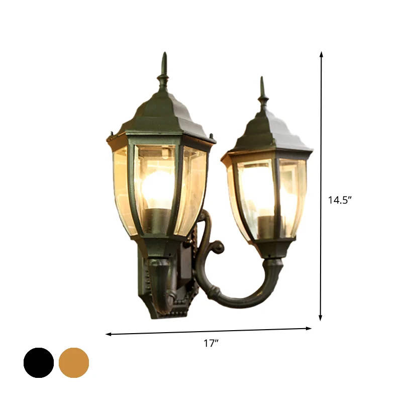 Applique murale en laiton/noir à 2 ampoules, éclairage de ferme en verre transparent avec bras incurvé Clearhalo