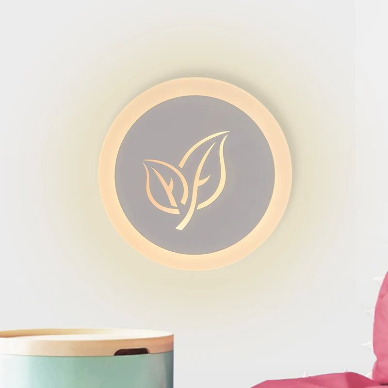 Applique murale LED moderne en acrylique à montage mural circulaire pour salon en blanc avec motif de feuilles Clearhalo