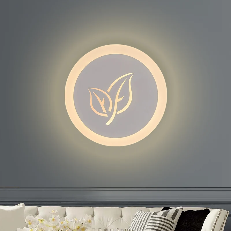 Applique murale LED moderne en acrylique à montage mural circulaire pour salon en blanc avec motif de feuilles Clearhalo