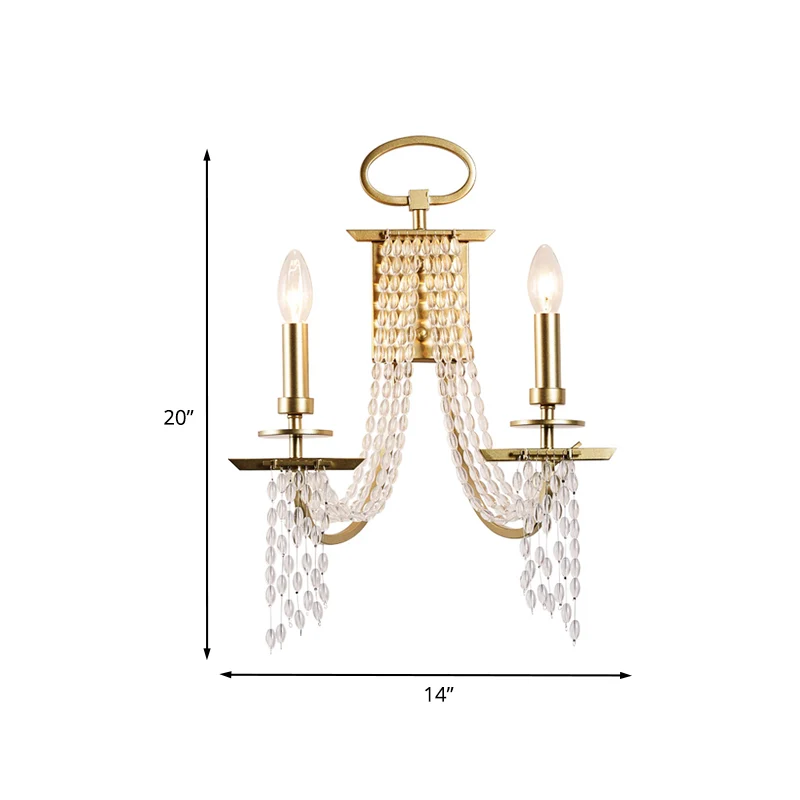 Applique murale à 2 lumières avec brins de cristal, modernisme, finition dorée, bougie, lampe murale pour chambre à couche...