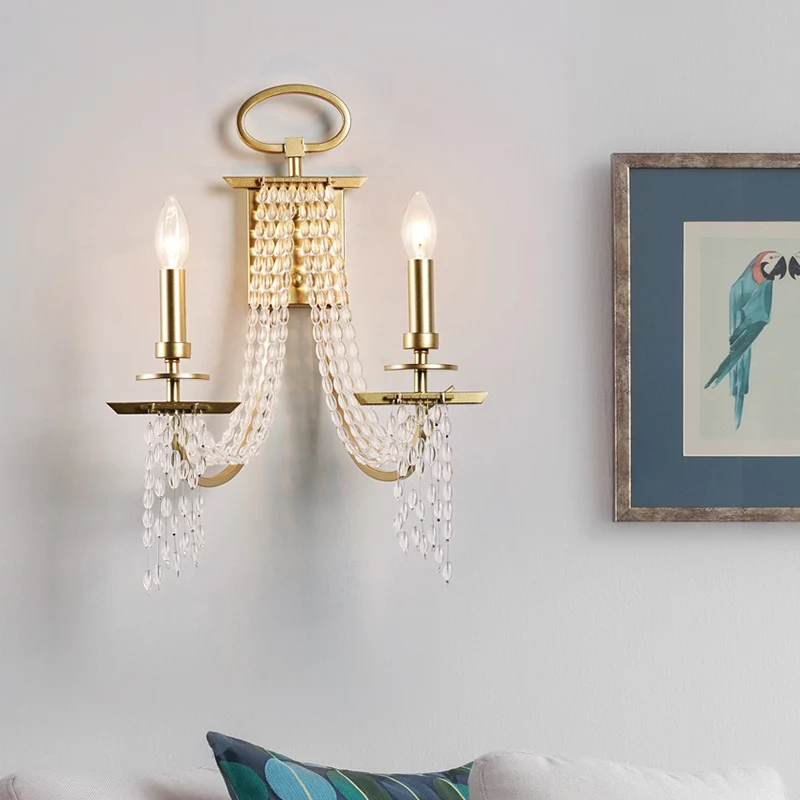 Applique murale à 2 lumières avec brins de cristal, modernisme, finition dorée, bougie, lampe murale pour chambre à couche...