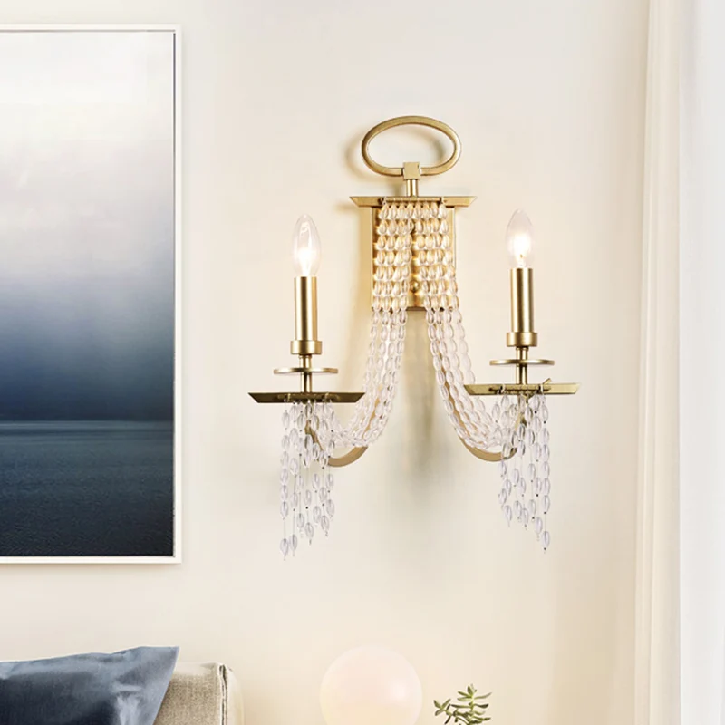 Applique murale à 2 lumières avec brins de cristal, modernisme, finition dorée, bougie, lampe murale pour chambre à couche...