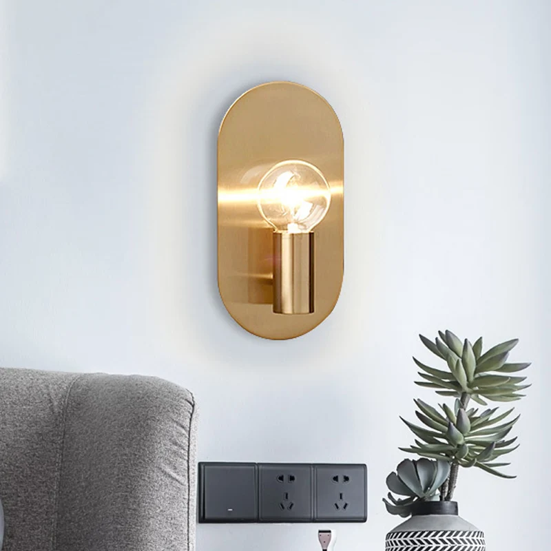 Applique murale minimaliste à 1 ampoule nue, finition dorée, applique métallique avec plaque arrière ovale Clearhalo