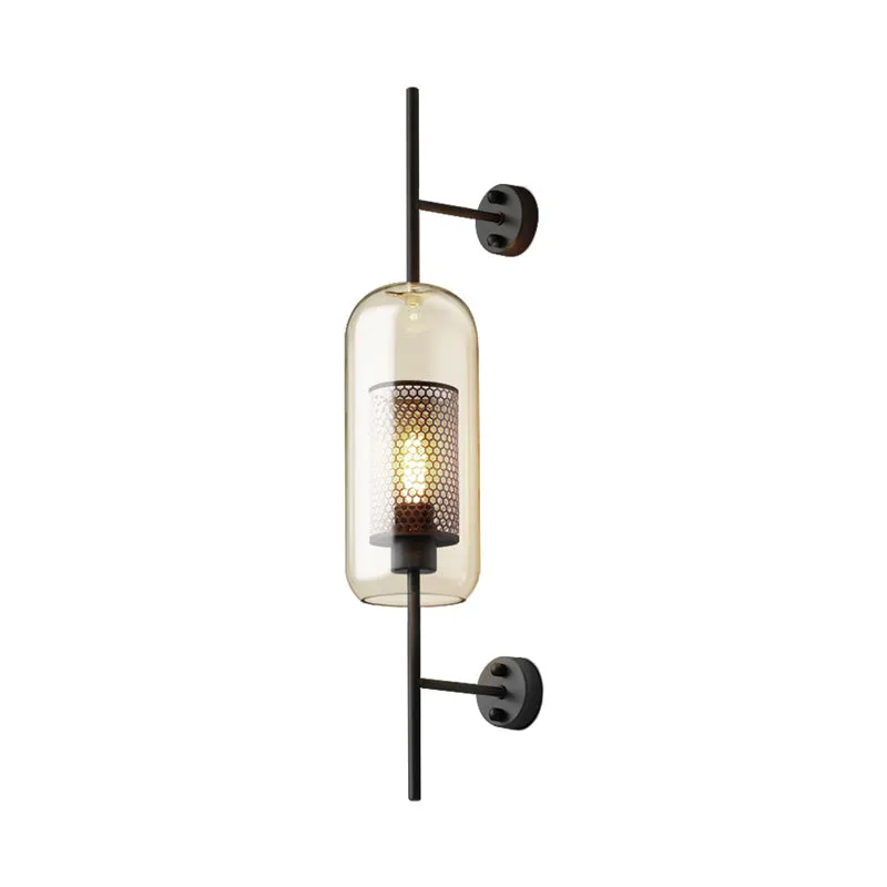 Applique murale noire en verre cognac oblongue à 1 ampoule, luminaire mural colonial avec écran en maille de colonne intér...