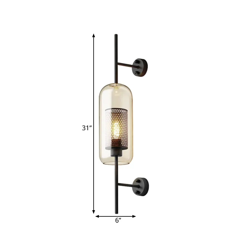 Applique murale noire en verre cognac oblongue à 1 ampoule, luminaire mural colonial avec écran en maille de colonne intér...