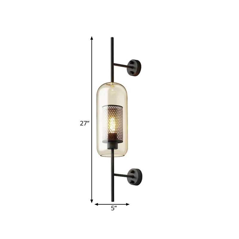 Applique murale noire en verre cognac oblongue à 1 ampoule, luminaire mural colonial avec écran en maille de colonne intér...