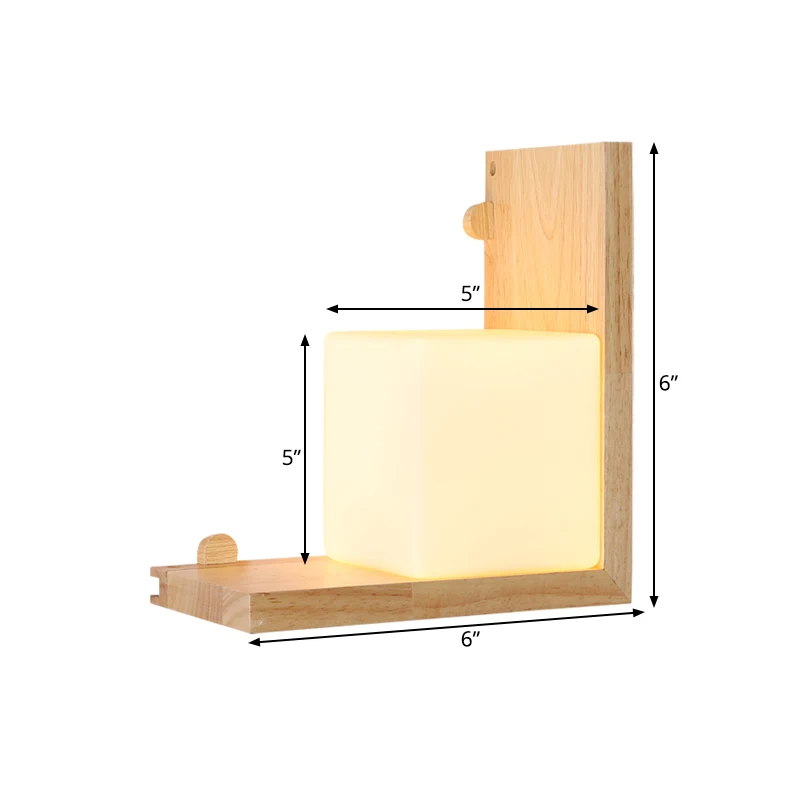 Applique murale à panneau à angle droit en bois, luminaire mural LED beige minimaliste avec abat-jour en verre opale cubiq...