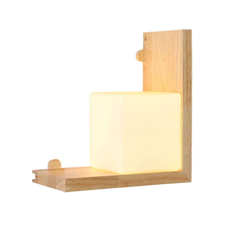 Applique murale à panneau à angle droit en bois, luminaire mural LED beige minimaliste avec abat-jour en verre opale cubiq...