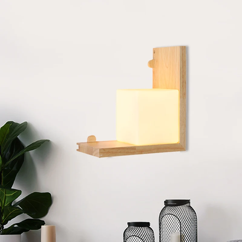 Applique murale à panneau à angle droit en bois, luminaire mural LED beige minimaliste avec abat-jour en verre opale cubiq...