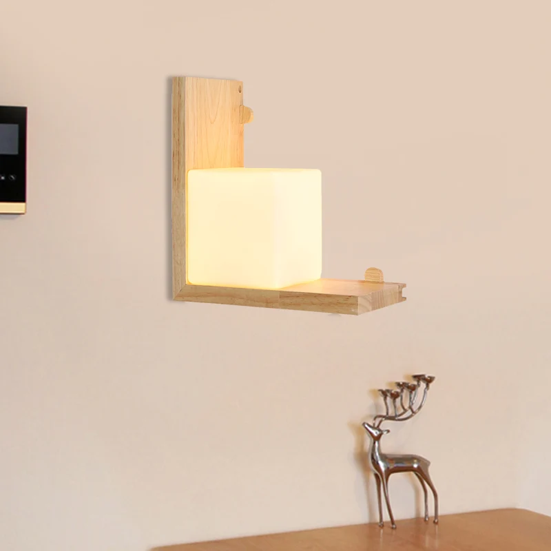 Applique murale à panneau à angle droit en bois, luminaire mural LED beige minimaliste avec abat-jour en verre opale cubiq...