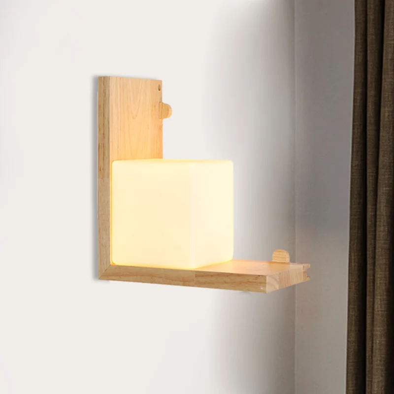 Applique murale à panneau à angle droit en bois, luminaire mural LED beige minimaliste avec abat-jour en verre opale cubiq...