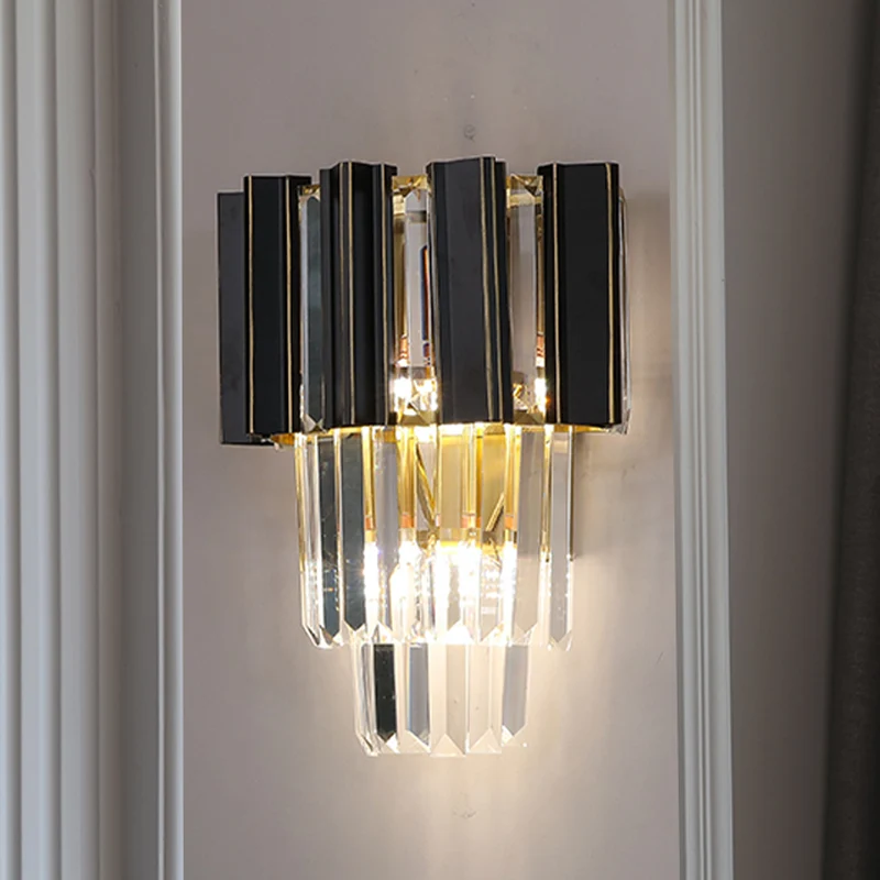 Applique murale à prismes en cristal transparent, 3 ampoules, boîtes noires contemporaines, lampe murale conique pour cham...