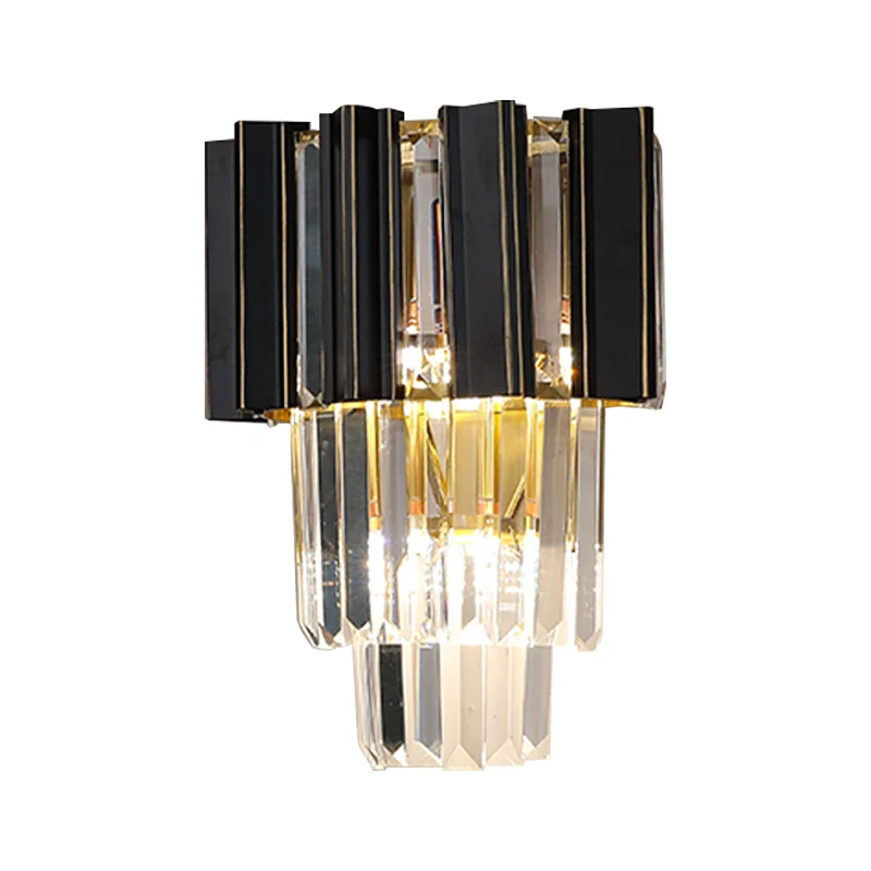 Applique murale à prismes en cristal transparent, 3 ampoules, boîtes noires contemporaines, lampe murale conique pour cham...