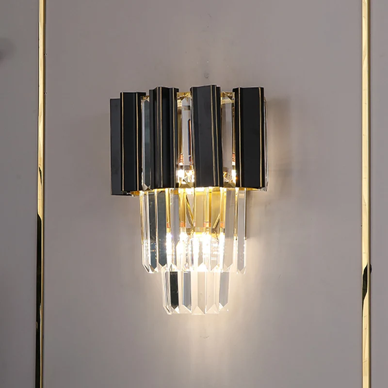 Applique murale à prismes en cristal transparent, 3 ampoules, boîtes noires contemporaines, lampe murale conique pour cham...