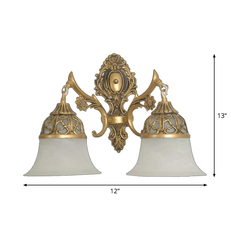 Applique évasée antique à 2 têtes en verre dépoli opale en bronze Clearhalo