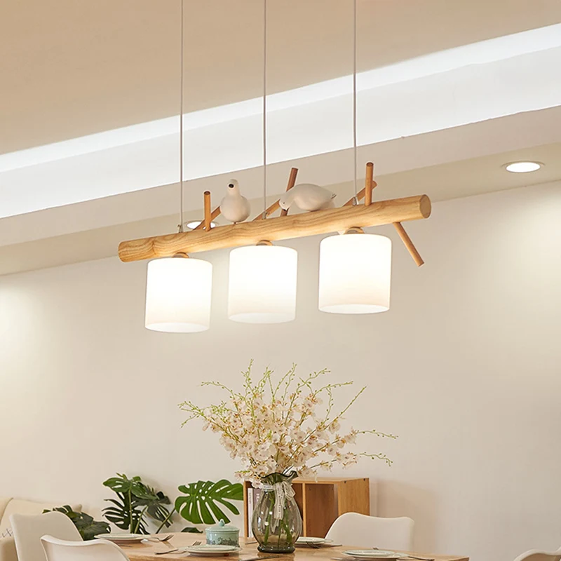 Beige Drum Island Lighting Ideas Lampe à suspension simple en verre opaque à 2/3 têtes avec motif oiseau sur branche de bo...