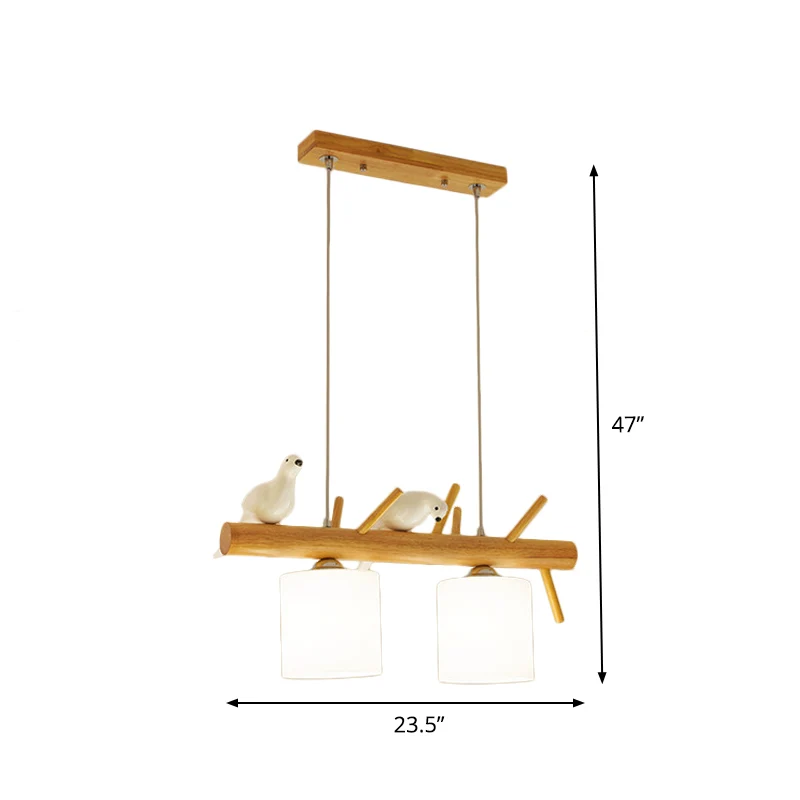 Beige Drum Island Lighting Ideas Lampe à suspension simple en verre opaque à 2/3 têtes avec motif oiseau sur branche de bo...