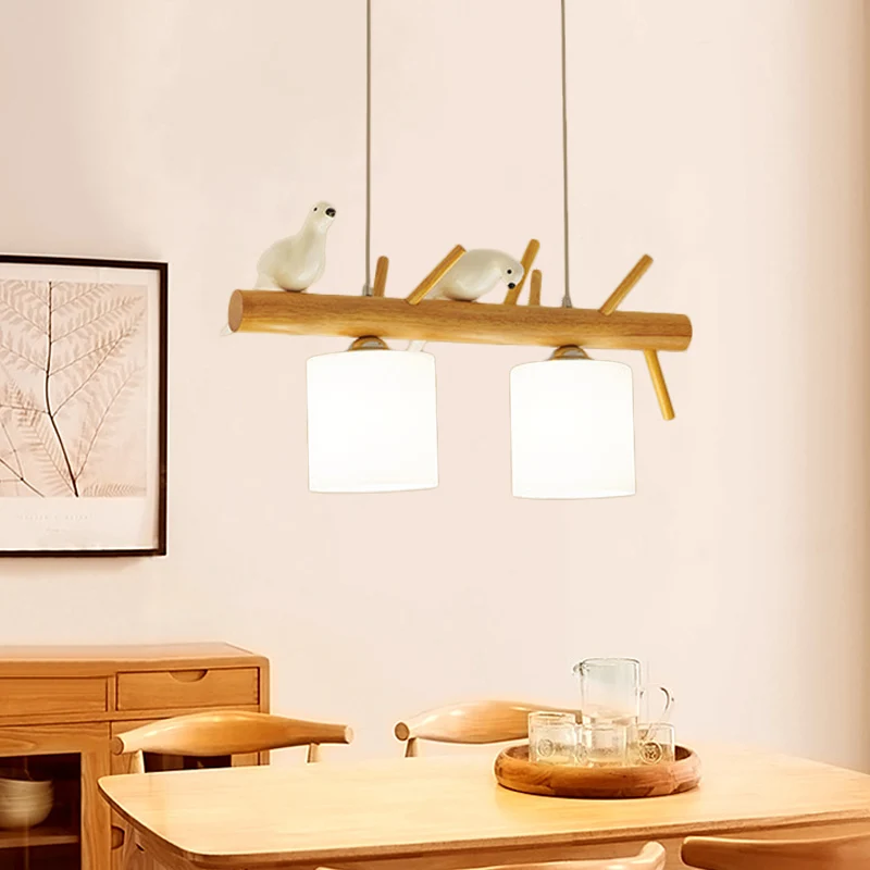 Beige Drum Island Lighting Ideas Lampe à suspension simple en verre opaque à 2/3 têtes avec motif oiseau sur branche de bo...