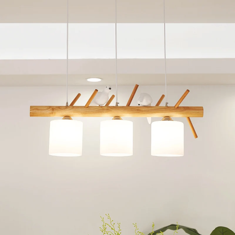 Beige Drum Island Lighting Ideas Lampe à suspension simple en verre opaque à 2/3 têtes avec motif oiseau sur branche de bo...