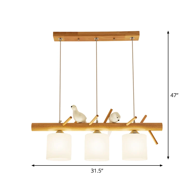 Beige Drum Island Lighting Ideas Lampe à suspension simple en verre opaque à 2/3 têtes avec motif oiseau sur branche de bo...