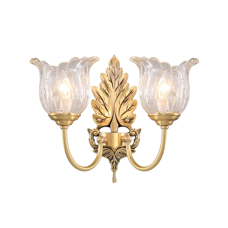 Bloom – applique murale classique en verre cannelé transparent, 1/2 têtes, éclairage mural doré pour salon Clearhalo