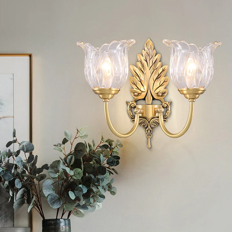 Bloom – applique murale classique en verre cannelé transparent, 1/2 têtes, éclairage mural doré pour salon Clearhalo