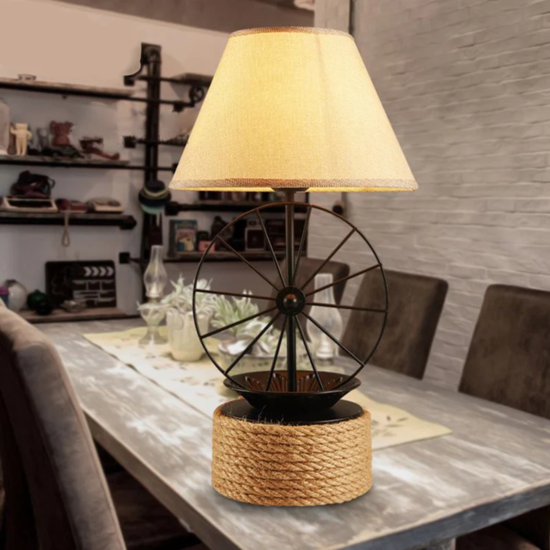 Éclairage de bureau conique en tissu, lampe de table en corde de salle à manger à 1 lumière de style usine en noir avec dé...
