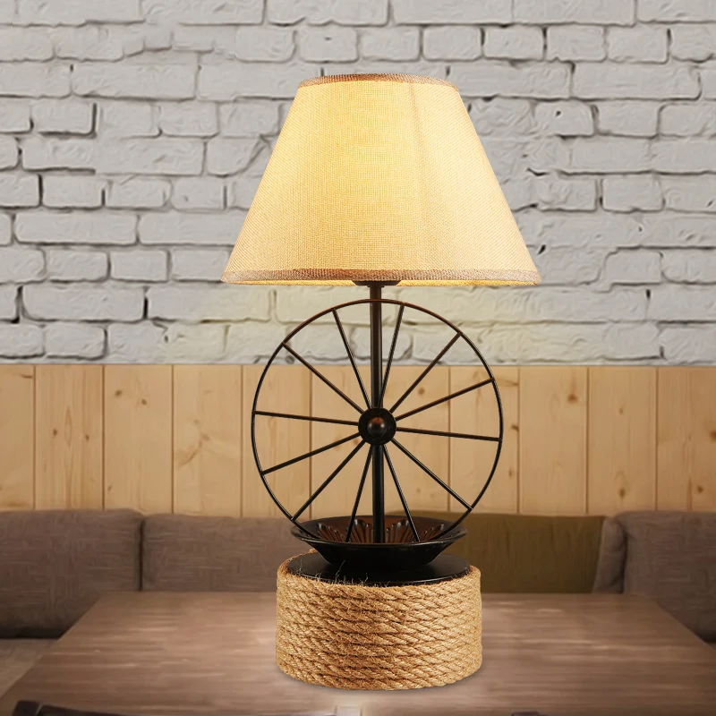 Éclairage de bureau conique en tissu, lampe de table en corde de salle à manger à 1 lumière de style usine en noir avec dé...