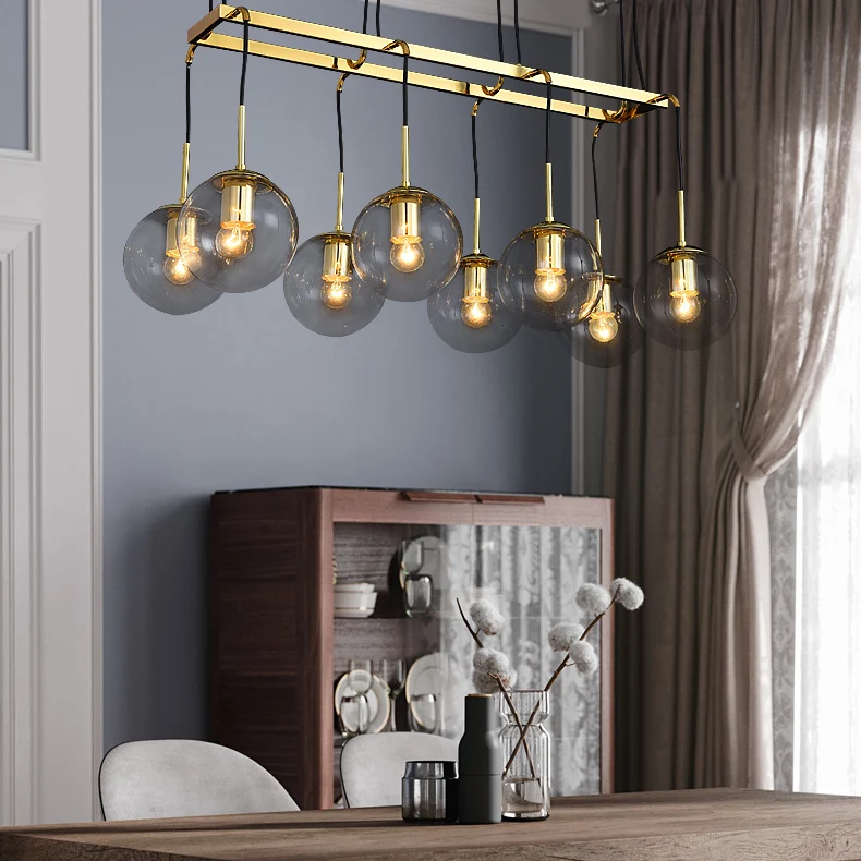 Éclairage d'îlot en verre de fumée linéaire, 6/8/10 lumières industrielles, luminaire suspendu Led en Nickel/Bronze avec a...