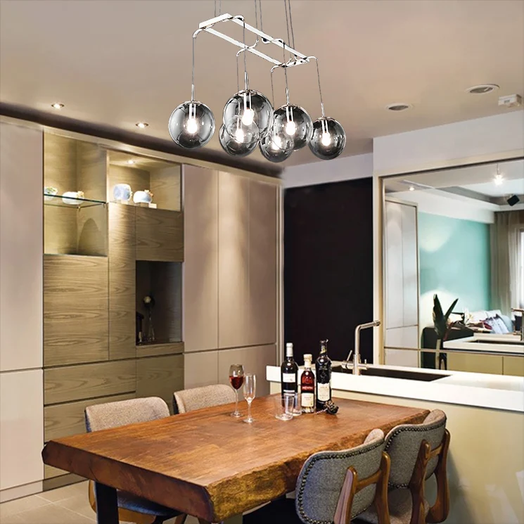 Éclairage d'îlot en verre de fumée linéaire, 6/8/10 lumières industrielles, luminaire suspendu Led en Nickel/Bronze avec a...