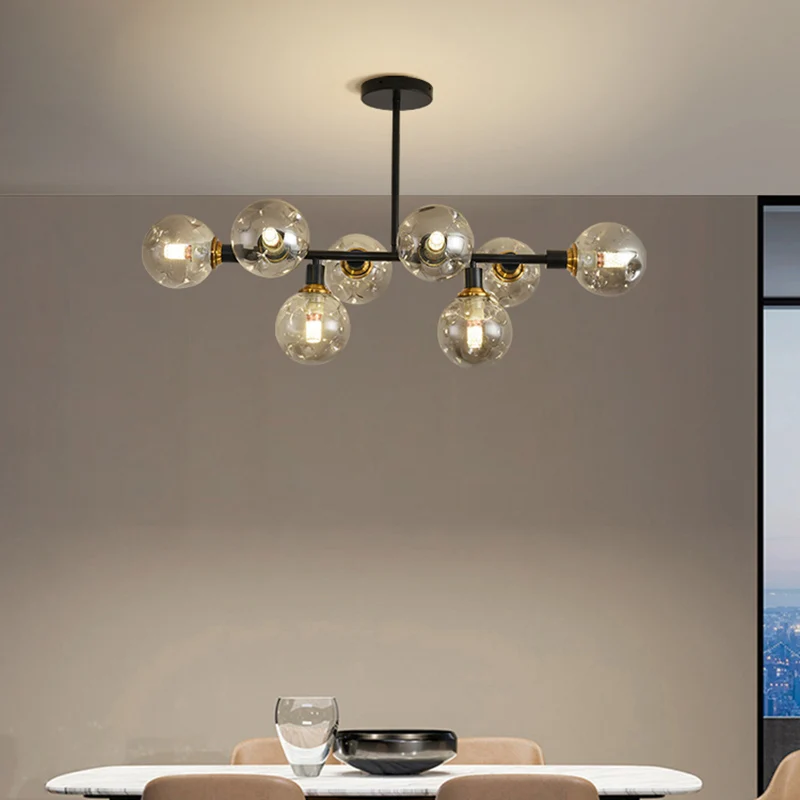 Éclairage moderne à suspension boule à fossettes en verre soufflé à la bouche pour salle à manger, luminaire d'îlot en noi...