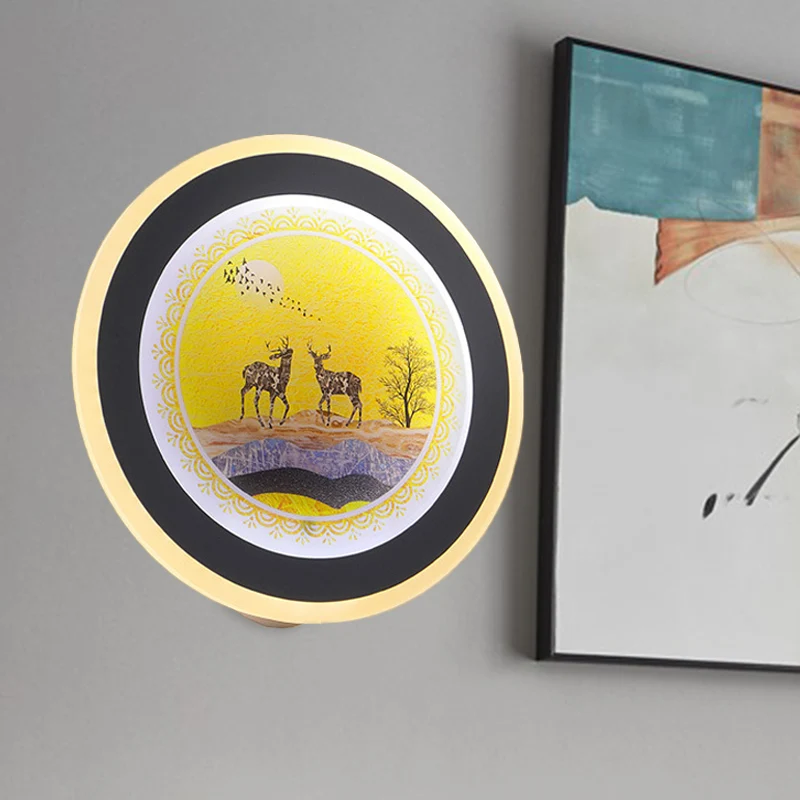 Éclairage mural arrondi bleu/jaune Style nordique LED applique murale en acrylique avec Design Elk Deer Clearhalo