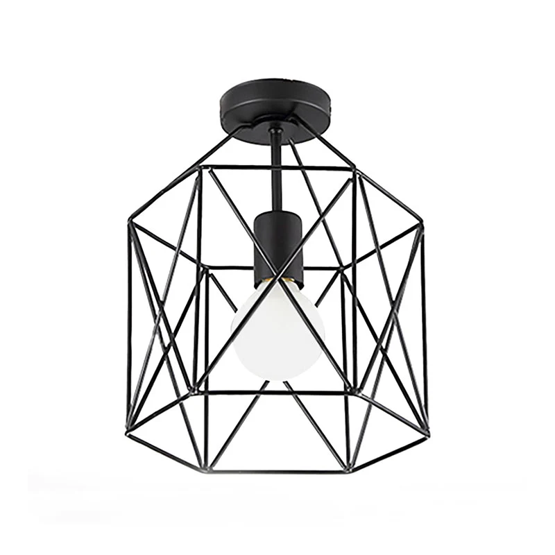 Éclairage Semi-monté à Cage géométrique à 1 tête, finition noire industrielle, luminaire de plafond métallique Semi-encast...