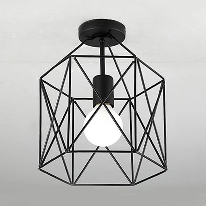 Éclairage Semi-monté à Cage géométrique à 1 tête, finition noire industrielle, luminaire de plafond métallique Semi-encast...