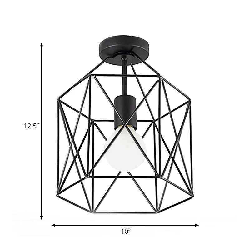Éclairage Semi-monté à Cage géométrique à 1 tête, finition noire industrielle, luminaire de plafond métallique Semi-encast...